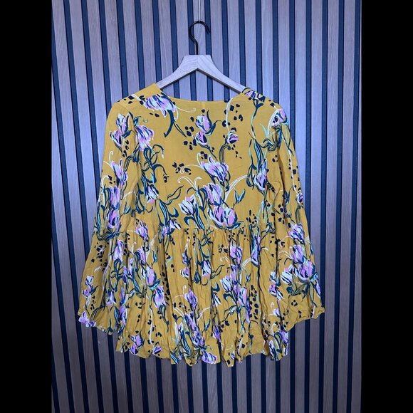 Free People Tunic Top Small Womens Yellow V Neck Flowy Long Sleeve Blouse - Picture 2 of 7